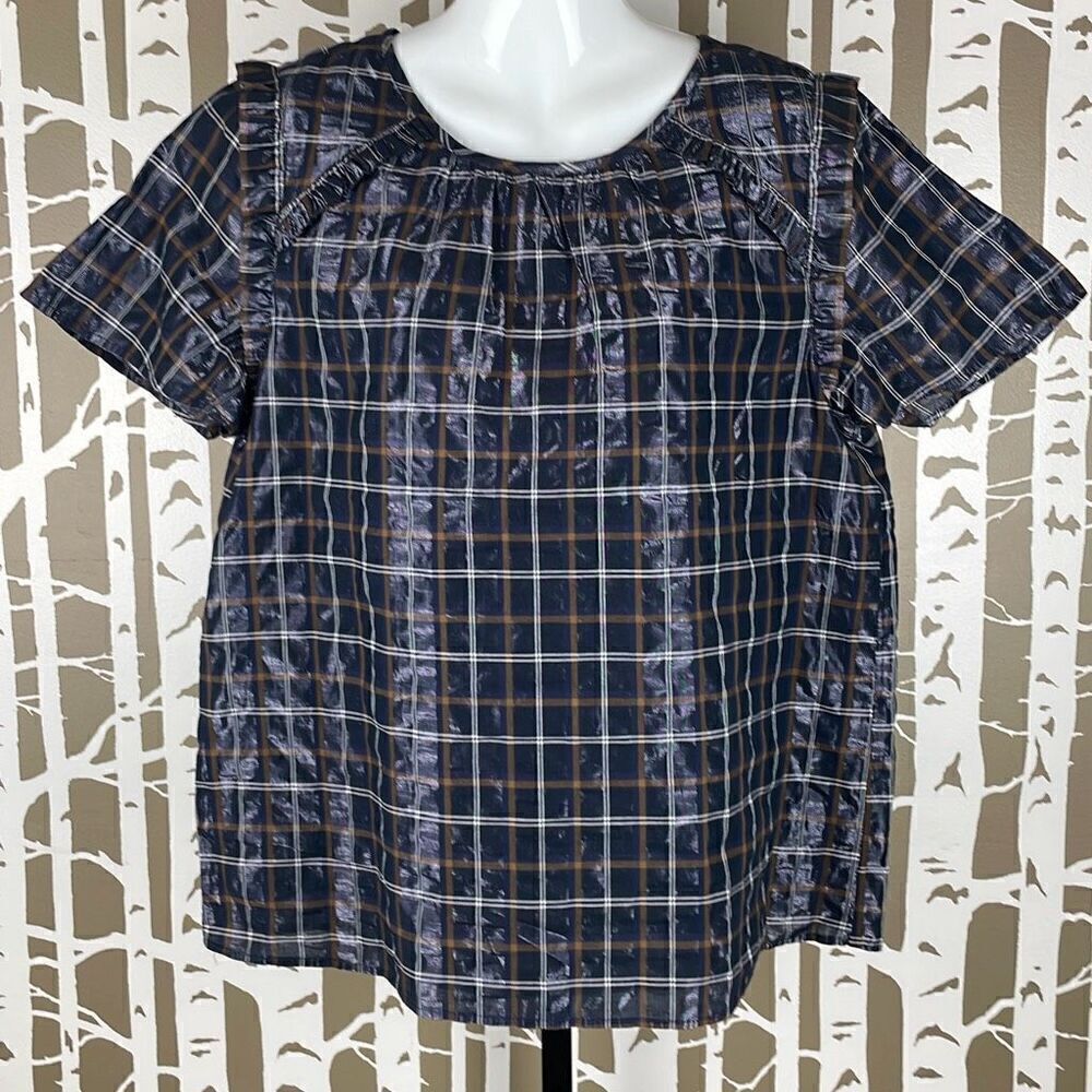 LOFT Metallic Finish Plaid Short Sleeve Blouse NEW L